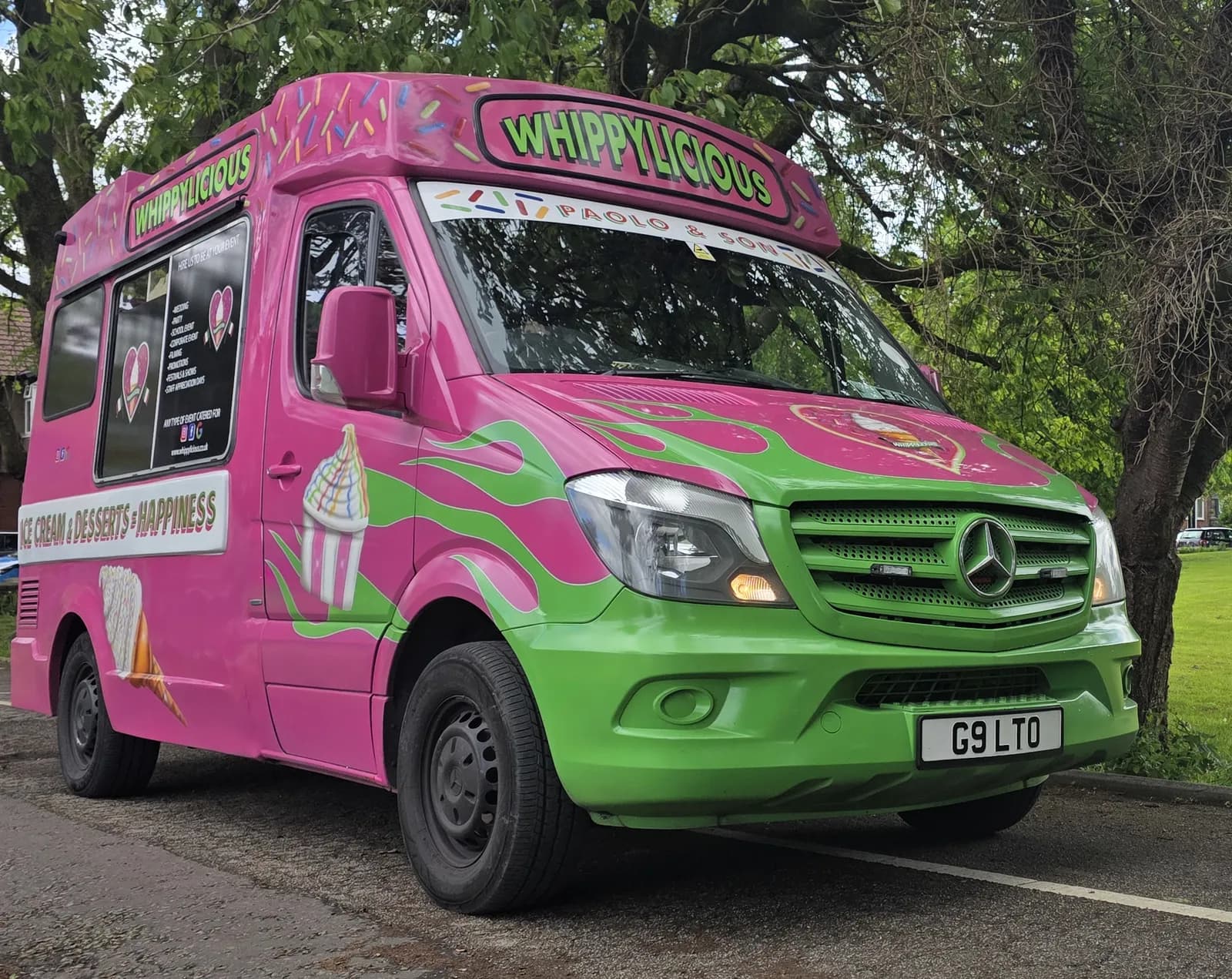 Whippylicious vintage pink and green ice cream van available for hire across Manchester and the UK